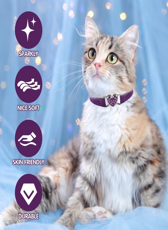 BINGPET Diamond Cat Collar,Adjustable Soft Velvet Leather Safe Kitten Collar with Crystal Heart Charm and Bells,Girl Boy Bling Stylish Cat Collars with Safety Elastic (Purple, Neck Girth 8"-10") - Image 2